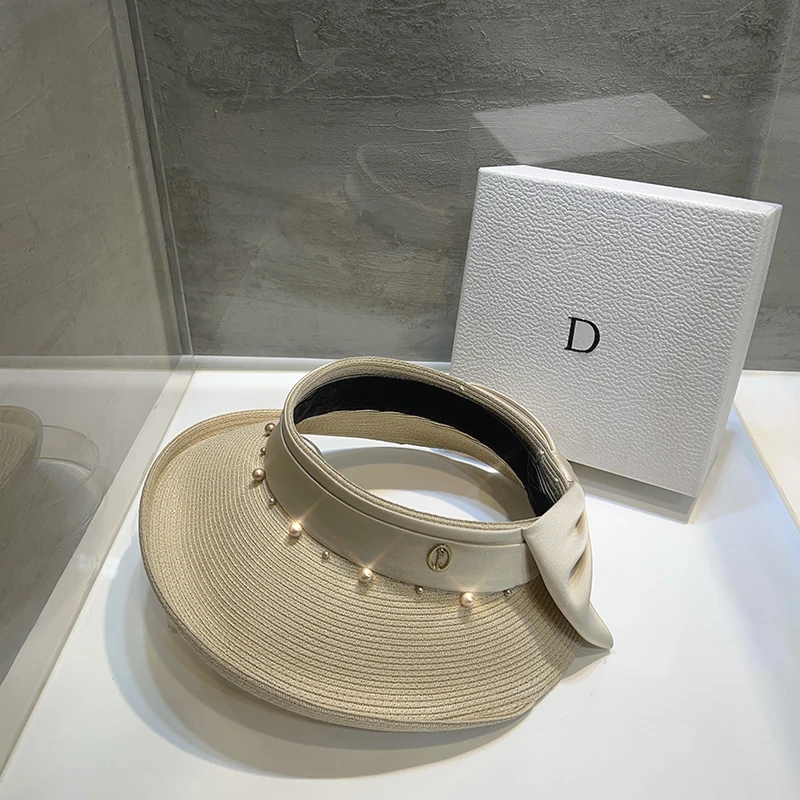 elegant-pearl-bowknot-straw-hat-women's-summer-travel-sun-protection-open-top-hat-luxury-cuffed-sunshade-hat-street-style