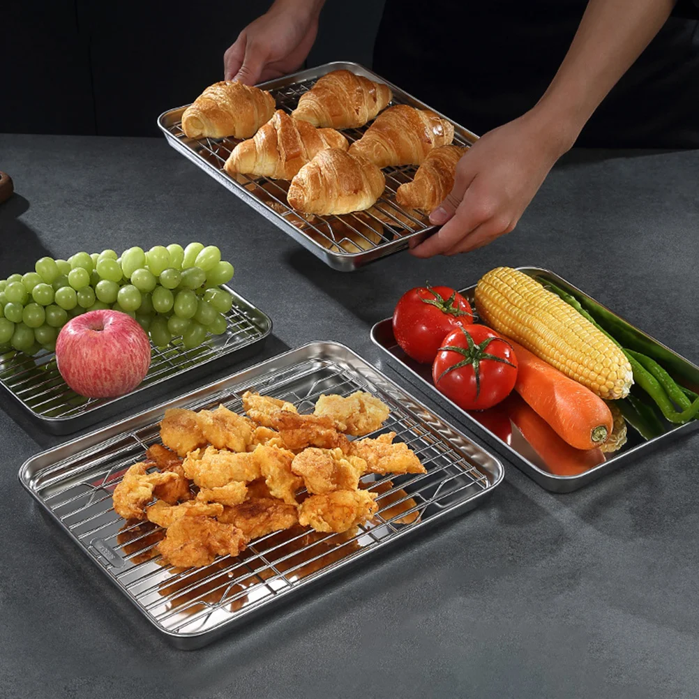 

1 set Stainless Steel Baking Tray with Mesh Rack Barbecue Accessories Grilling Plate for Home Restaurant Oil Draining for Meat