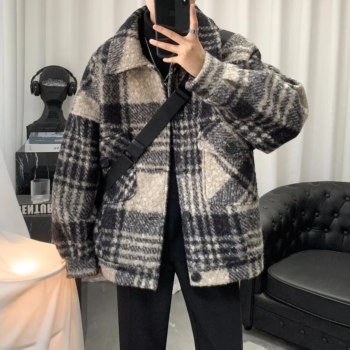 

Thiened Plaid Fce Women's Jaet Korean Sle Warmth Faionable Buttoned Woolen Coat Spring Autumn Season Outerwear