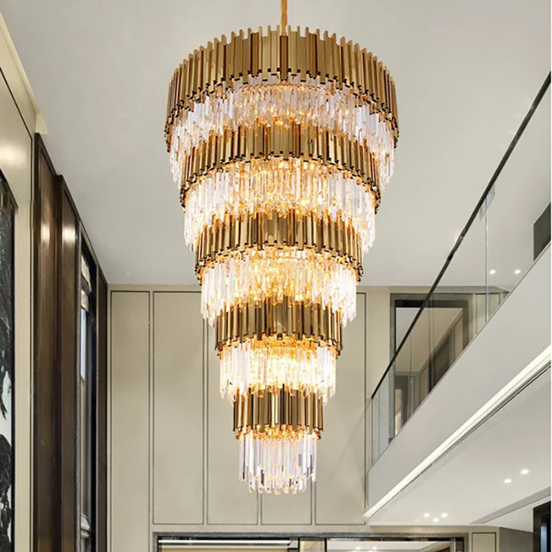 

Duplex villa crystal large chandelier postmodern loft living room hollow hall revolving staircase light long Pendant Light