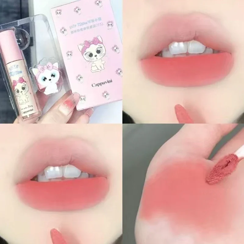 Cute Cat Velvet Lip Gloss 4 Color Lasting Easy To Color Pink Red Matte Lip Mud Waterproof Non-stick Cup Liquid Lipstick Cosmetic