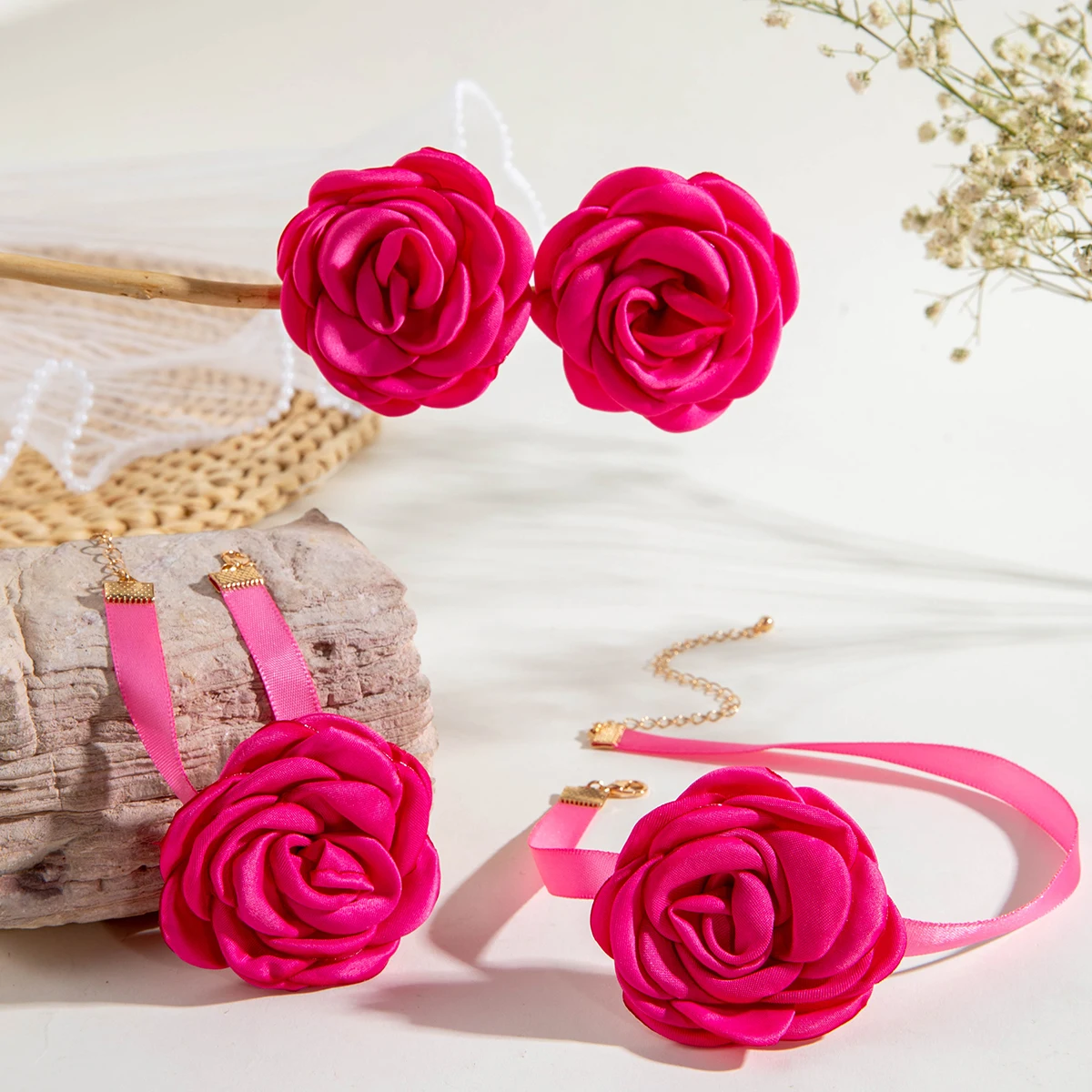 Tocona romantyczny duży kwiat róży kolczyki bransoletka naszyjnik zestawy kobiety Kpop aksamitna lina łańcuszek Party Y2K zestawy biżuterii ślubnej