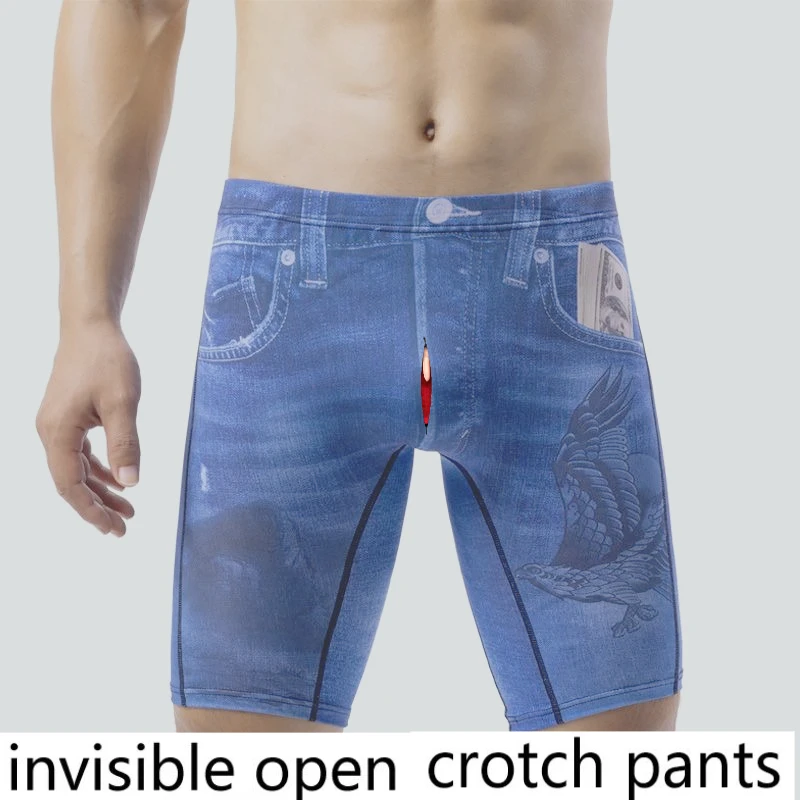 

Брюки с невидимой промежностью, нижнее белье из ледяного шелка, дышащие джинсовые боксеры большого размера с принтом, полностью открытые, для улицы, удобные
