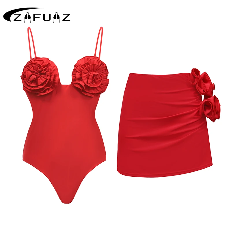 ZAFUAZ 2023 Sexy Push Up One Piece 3D Flower Bikini a vita alta Set costumi da bagno donna costume da bagno solido costume da bagno di lusso Beachwear