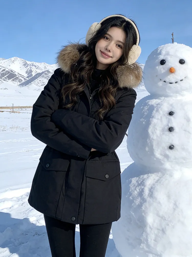 

Thiened Winter Jaet Women's Mid-Length down Parka Coat with Fur Collar Waist-Cinching Warm Outerwear Korean Sle