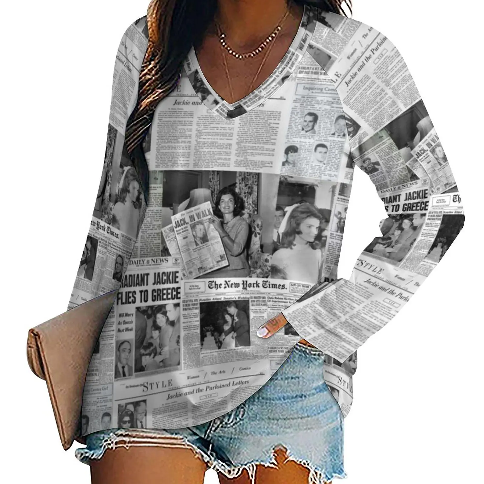 Newspaper Collage T Shirt Jackie Kennedy Trendy T-Shirts Street Style Oversize Tee Shirt Women Design Clothes Birthday Present