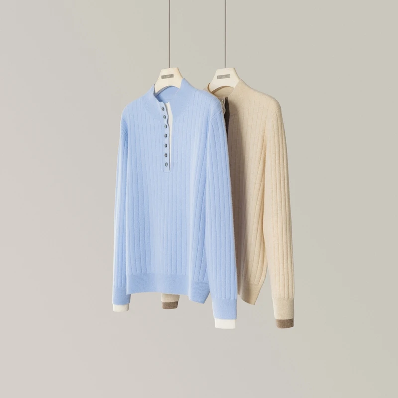 

Autumn Winter Women's 100% Cashmere Sweater Button Mock Neck Pullover Soft Comfort Warm Luxury Cashmere Knitted Clothing