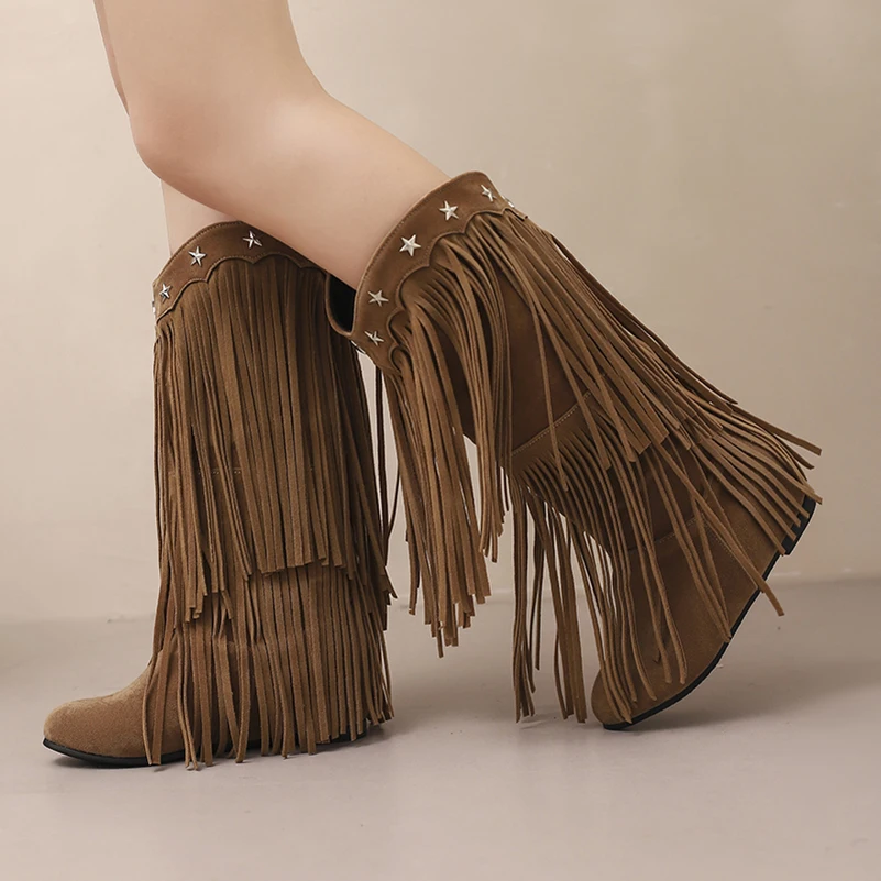 

Большие размеры, матовый замшевый материал, инкрустированный пятиконечной звездой, кисточкой, тонким ремешком, классические ретро-сапоги на средней подошве, сапоги на плоской подошве