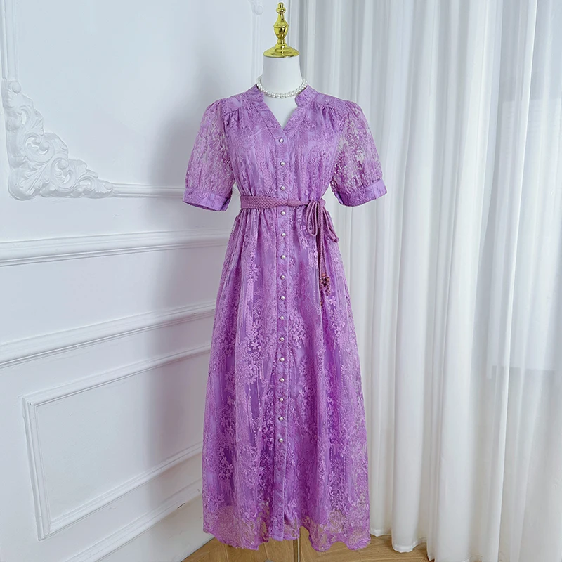 Luxury Formal Evening Long Dress Women Summer Short Sleeve Crochet Lace Embroidery Single Breasted Belt Prom Dresses Vestidos