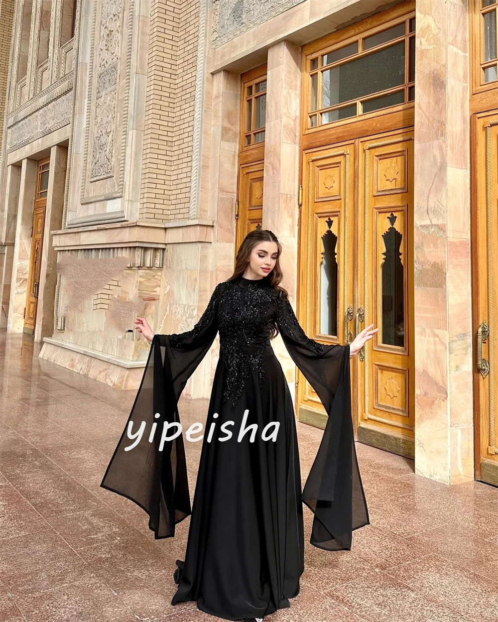 Chiffon Applique Sequined Beading Ruched Valentine\'s Day A-line High Collar Bespoke Occasion Gown Long Dresses