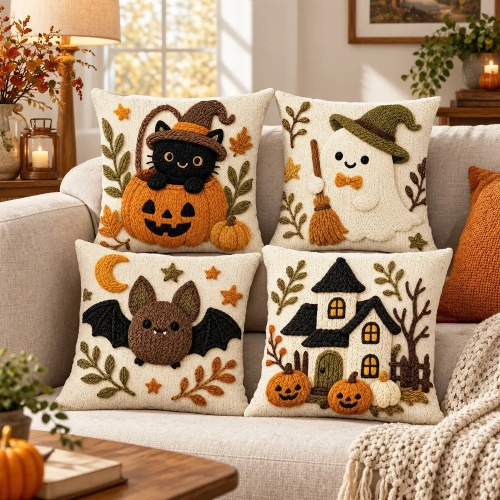 4pcs 3D Visual Plushie Pillow Covers Square Pumpkin Pattern Pillow Protectors Orange Beige Zipper Closure Halloween Pillowcase