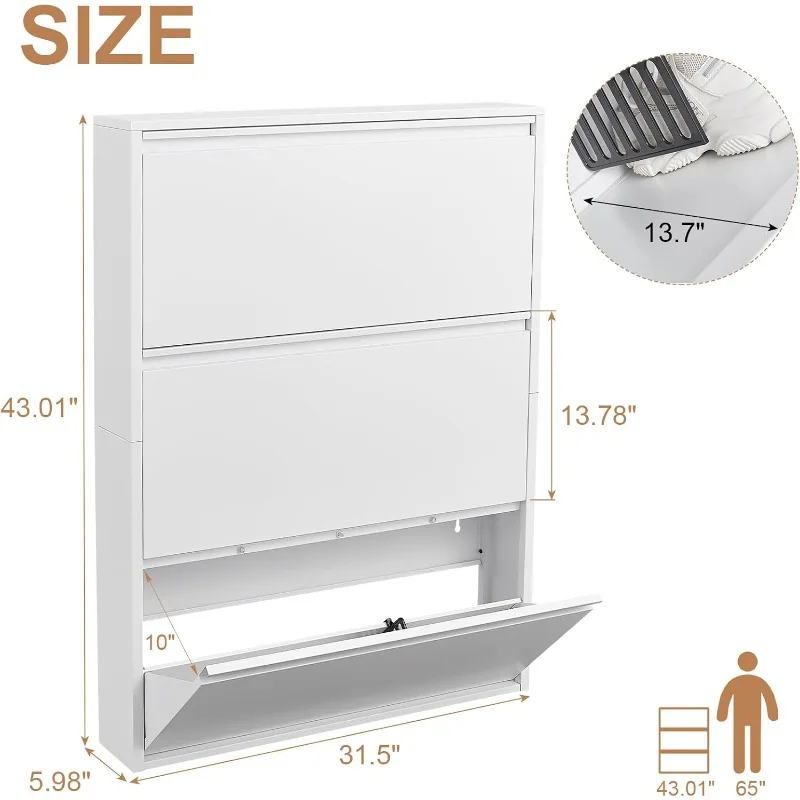 3 Flip Drawers Shoe Storage Cabinet, Shoe Cabinet for Entryway,Freestanding Shoe Organizer for Hallway  Apartment, White