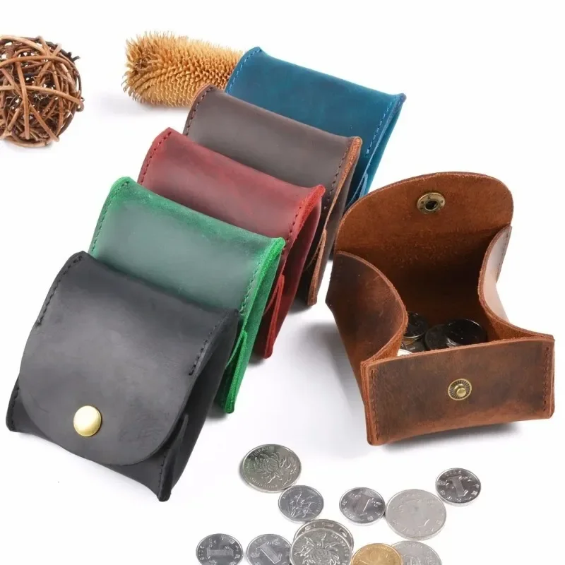 Genuine Leather Square Pocket Coin Case Retro Squeeze Snap Button Wallet Earphone Holder Pouch Tray Wallet Men Women Purse