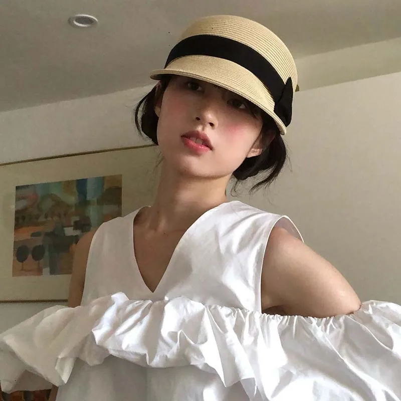 New Arrived Summer High Quality Straw Riding Hat French Style Bow Dome Sun Hat Outdoor Beach Wide Brim Sunshade Bucket Cap
