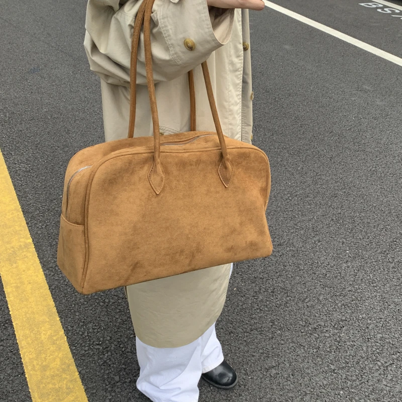 Vintage Women Business Shoulder Bags Simple Ladies Commute Tote Bag Suede Leather Female Underarm Bag Burgundy Large Handbags
