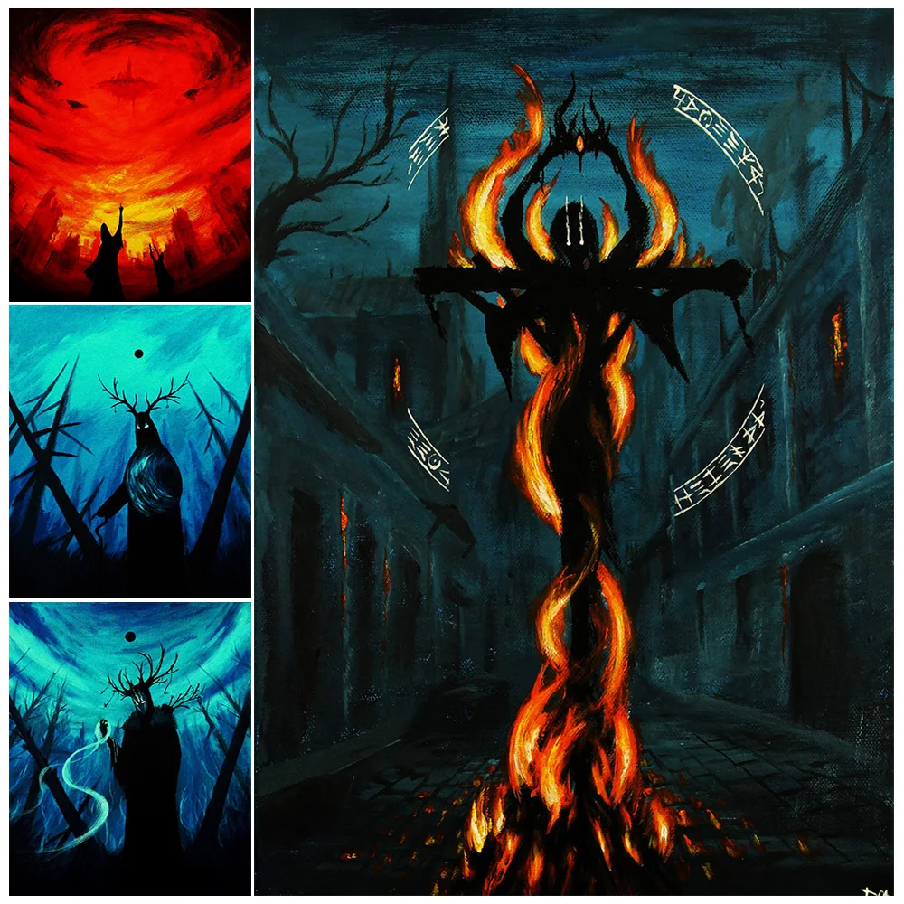 

Castle In The Sky And Shaman,Vintage Wall Art,Canvas Painting,Witch In Flames,Witchcraft Art,Poster And Print,Home Decoration