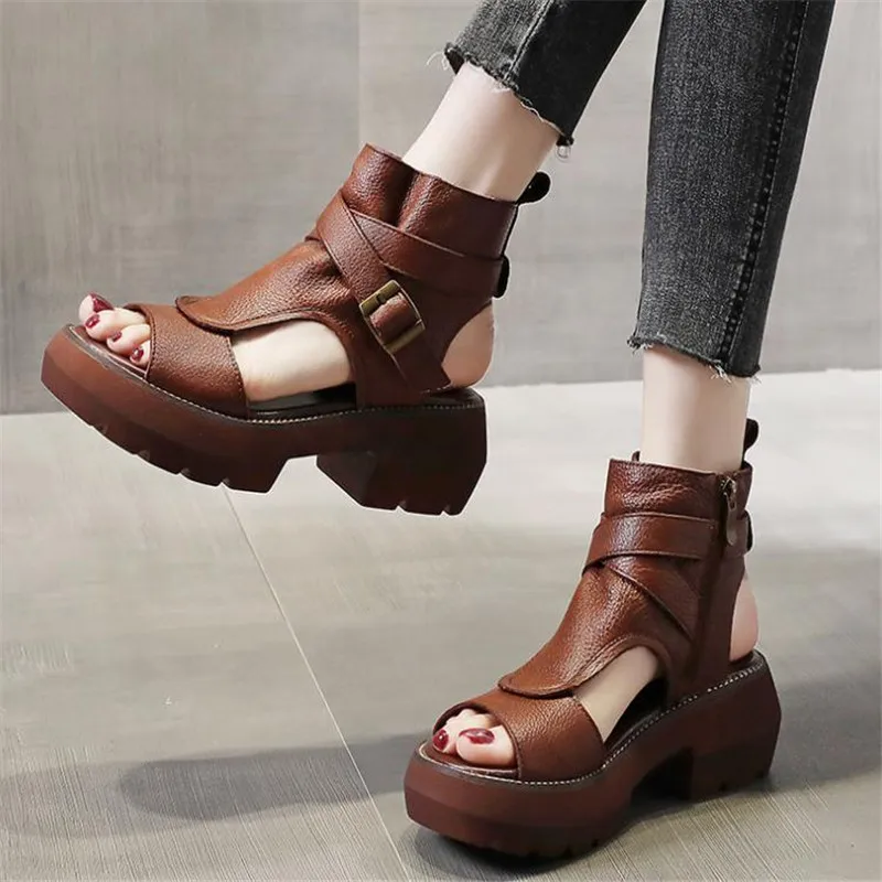 2022 New Summer Black Women Leather Sandals Cool Boots Platform Shoes Wedges Sandals Women Shoes Fashion Outdoor Sandals