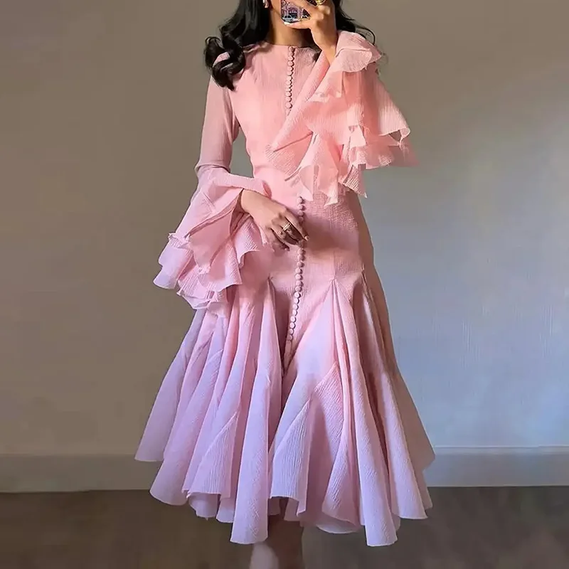 

Women's Ruffle Dress 2025 New Style Fashionable High-Neck Long Sleeve High-End Waist-Slimming Midi Dress