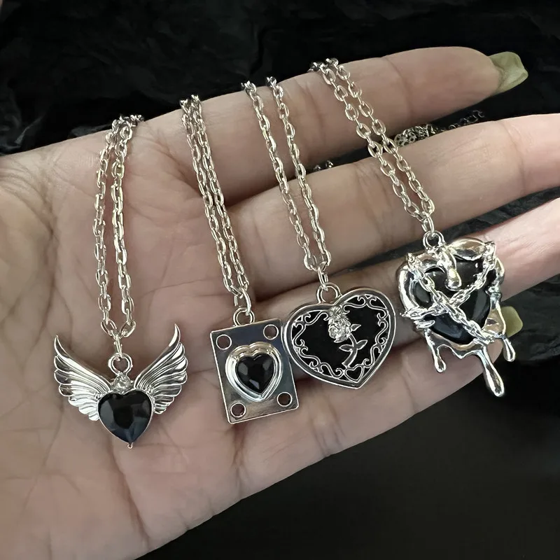 Neue Mode Dornen schwarz Zirkon Liebe Herz Halskette elegante Kette Quaste Engels flügel Halsketten für Frauen Party Accessoires