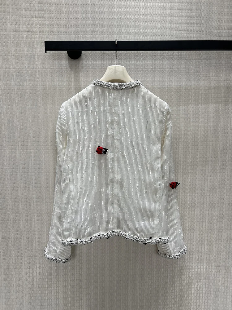 Summer Fashion White Thin Style Silk Liner Loose Jacket Women's Weave O-Neck Sequins Ladybug Metal Button Pocket Casual Coat