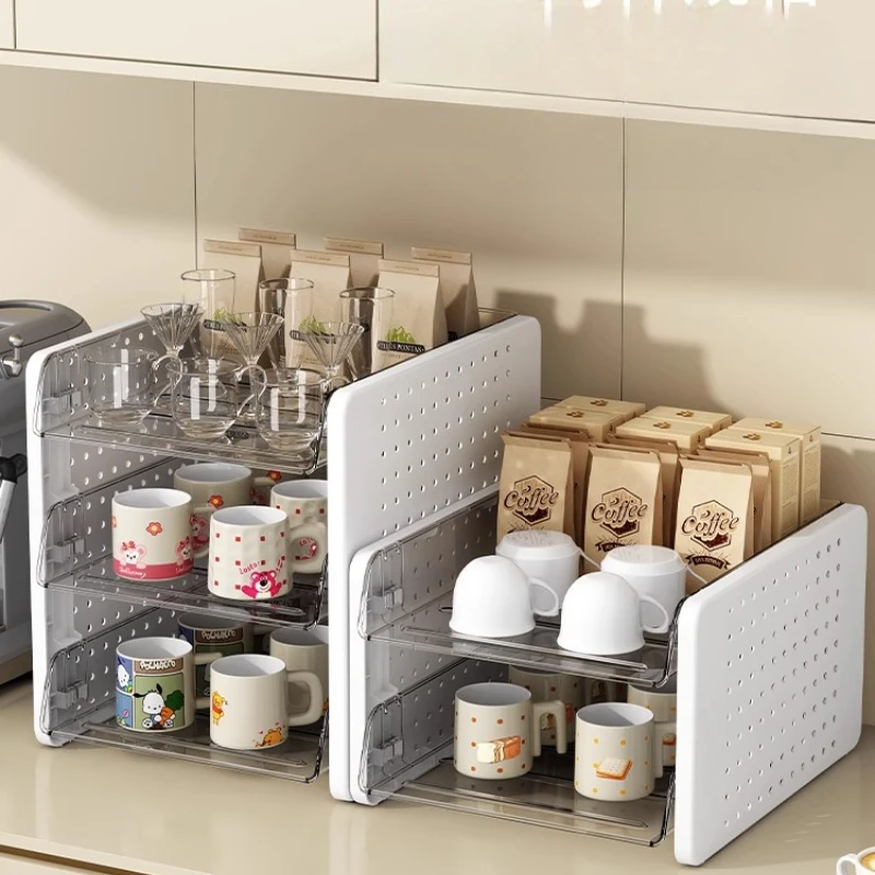 Simple Cup Organizer Double Layer Tea Set Shelf with Draining Tray Spill-Proof Drinkware Storage for Kitchen Desktop Mug Storage