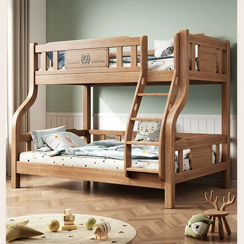 Multifunctional Solid Rubber Wood Bunk Bed Mother and Child High Low Bed with Hanging Ladder Two Layer Wooden Children's Bed