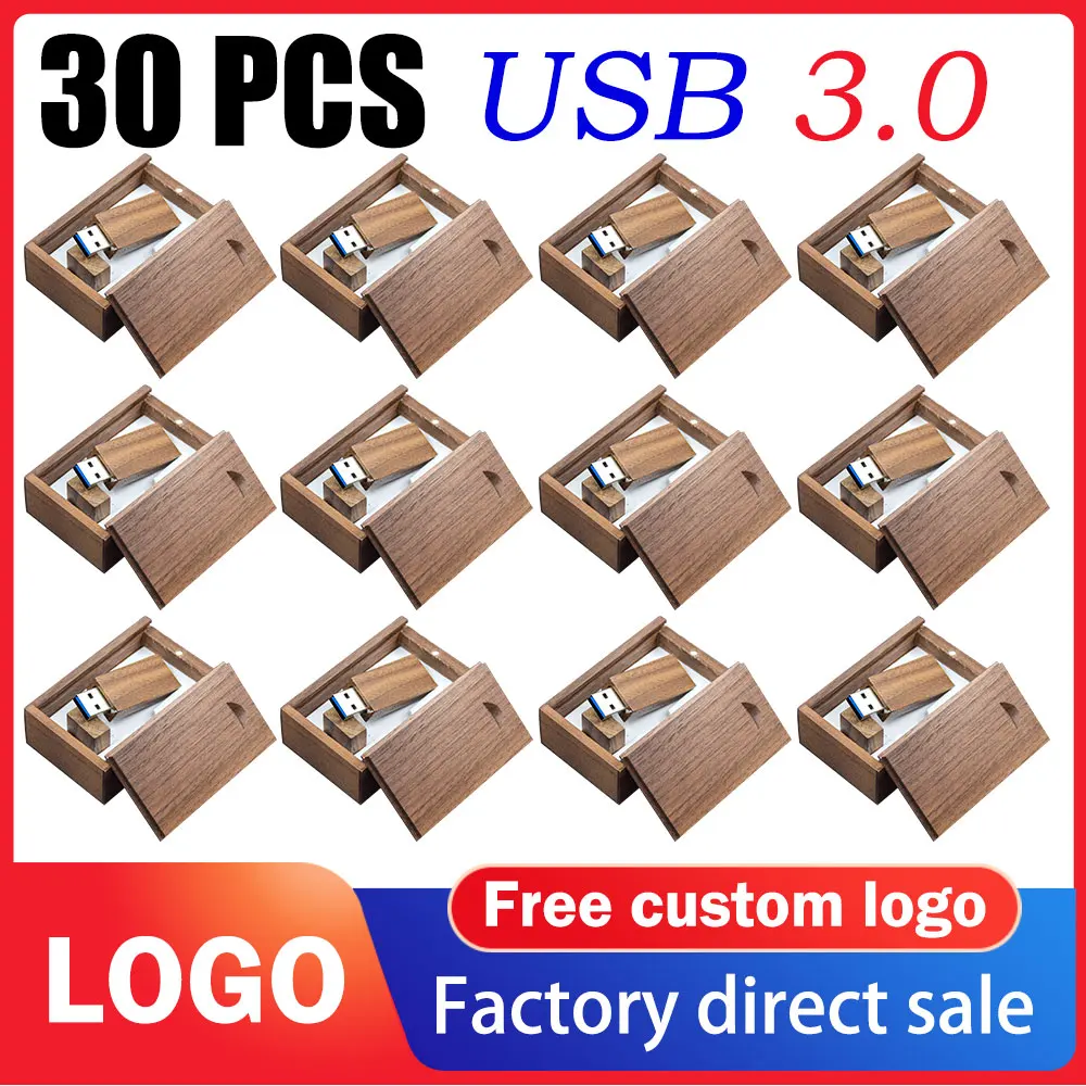 

30pcs Wooden Stick USB Flash Drive 3.0 Pendrive 4GB 16GB 32GB 64GB 128GB Creative Memory U Disk Free Logo U Disk walnut maple