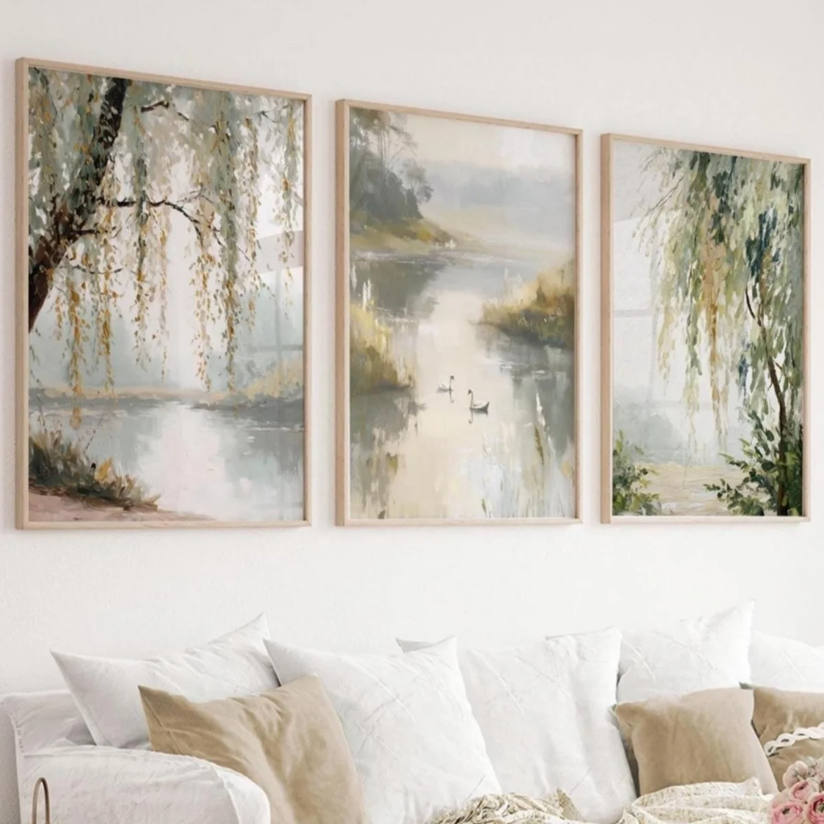 1/3 Piezas de Lienzos Decorativos con Diseño de Árbol de Sauce Verde Salvia, Estilo Bohemio, Impresiones Artísticas Modernas del Campo, Decoración de Pared para Sala de Estar, Póster Decorativo para el Hogar