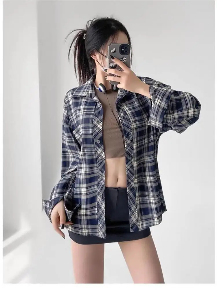 Tawaaiw American Retro Loose Plaid Shirt Women Clothes Long Sleeve Korean Fashion Spring Casual Shirts Streetwear Tops Blouse