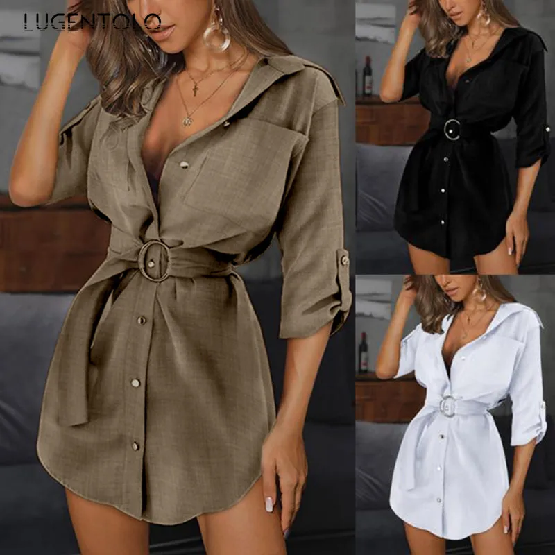 

Women Shirt Dress Lace-up Single Breasted Long Sleeve Summer Lapel Female Elegant New Fashion Casual Short Clothing Lugentolo