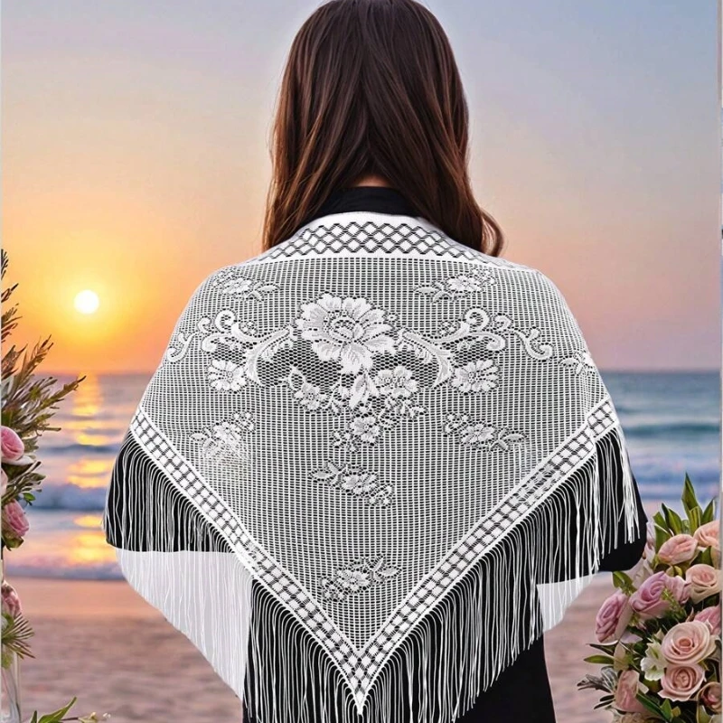 Bufanda triangular bordada de 150x65cm para mujer, elegante chal Floral de encaje con borlas, Hijab musulmán de Ramadán, velo blanco para novia y boda