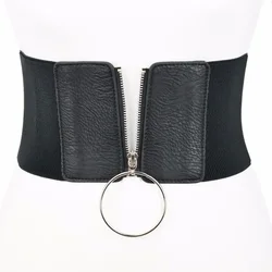 Ceinture élastique super large pour femme, grand anneau en métal, noir, environnement, mode