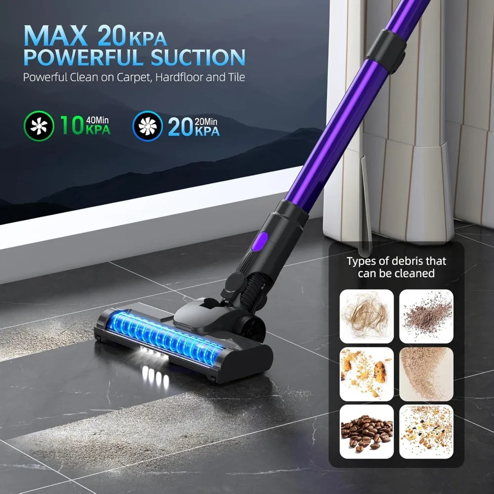 Cordless Vacuum Cleaner, 20KPA Stick Vacuum with LED Display, 2 Modes 6 in 1 Lightweight Cordless Stick Vacuum Cleaner