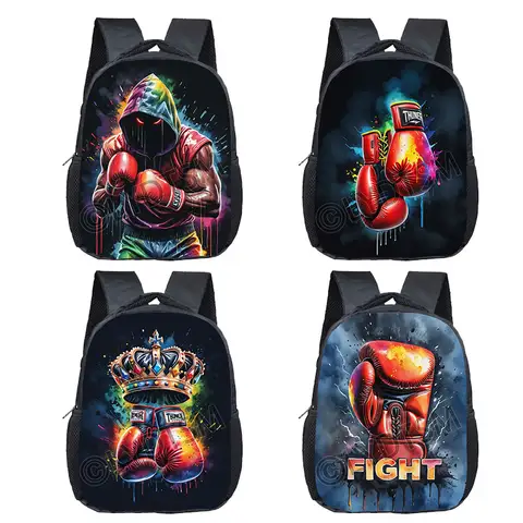Zaino con stampa modello boxer da 12 pollici per 2-4 anni Guantoni da boxe Borse per libri Combattimento Borse da scuola per bambini della scuola materna