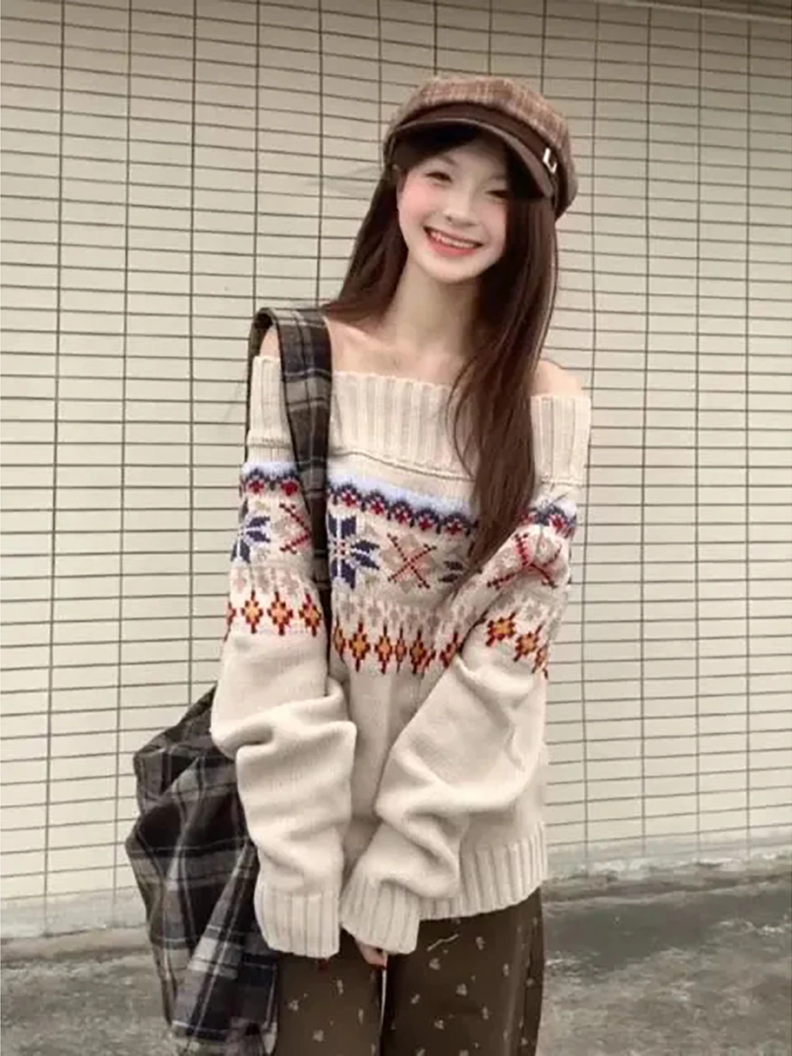 الرجعية معرض جزيرة متماسكة سترة المرأة فضفاضة كسول يشعر oulder كلمة واحدة الخريف الشتاء جديد Sle طويل Sve النقي على الانترنت Ss #2