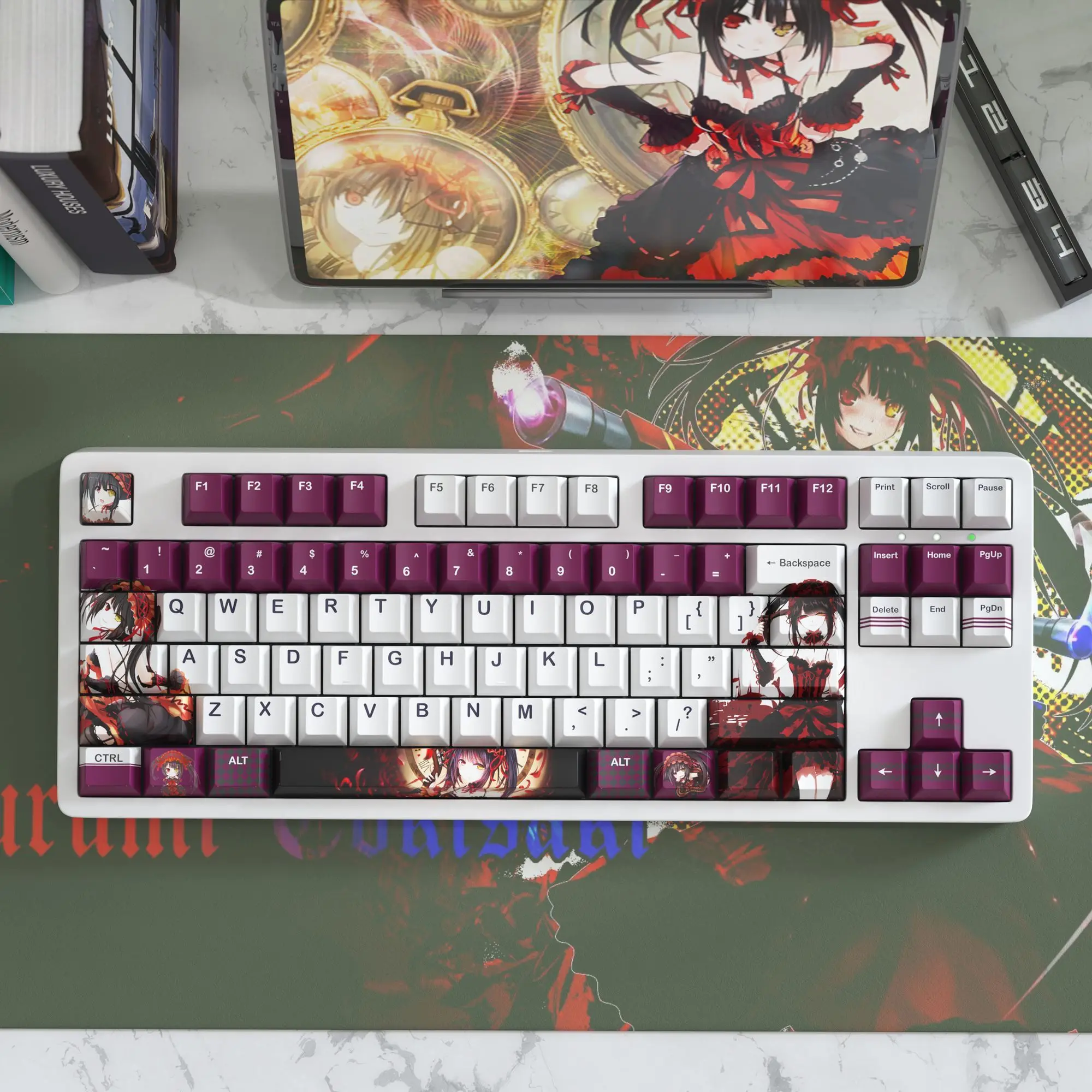 

124 клавишиTokisaki Kurumi Keycap Date A Live Theme с боковой гравировкой, прозрачные Chreey, аниме, 2D механические колпачки для клавиш на заказ