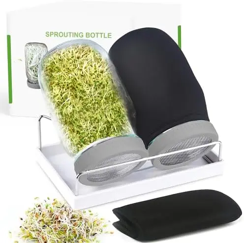 

Organic Sprouting Jar Kit – 2x 32 oz Mason Jars with Steel Lids, Sleeves & Tray for Microgreens