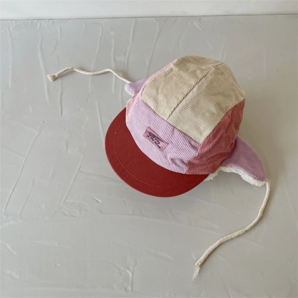 Baby Accessories Patchwork Trapper Hat Lining Corduroy Winter Cap Thermal Earflaps Winter Hat Toddler Wear