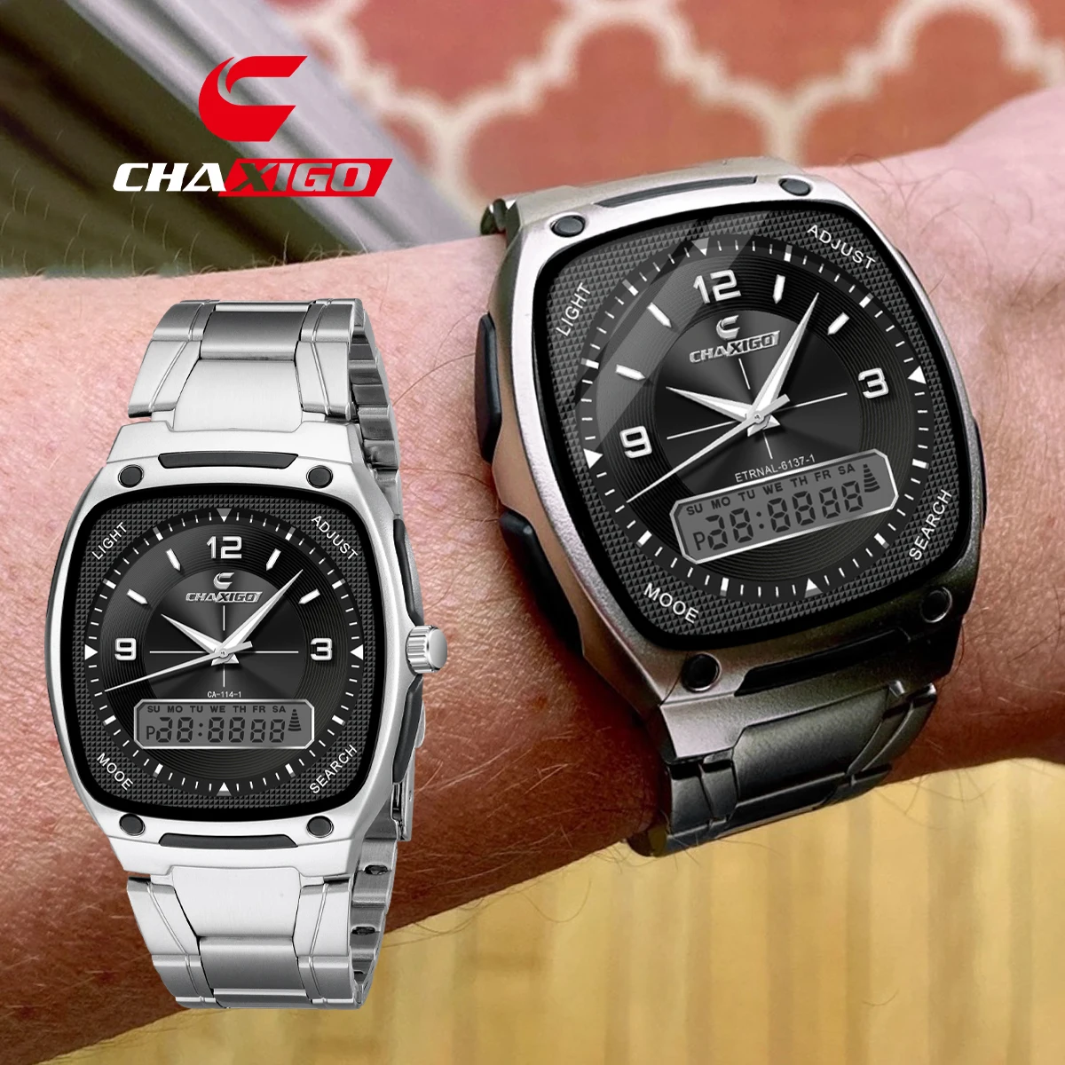 

CHAXIGO Men's Analog Double Display Stainless Steel Bracelet Watch, Luminous Hands, 30m Water Resistance Quartz Watch
