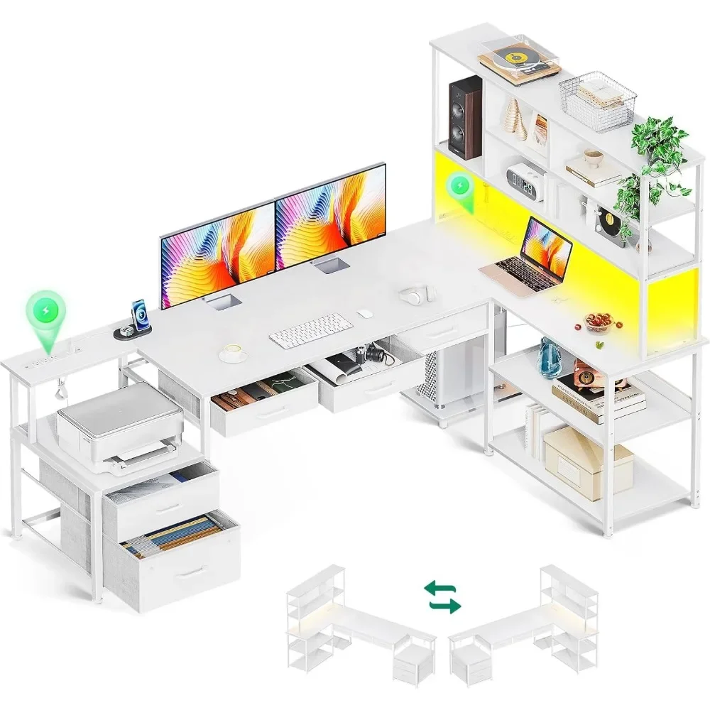 79 Inch L Shaped Desk with File Drawers，Reversible Gaming Desk with Power Outlets & LED Lights，Storage Shelves，Computer Desk