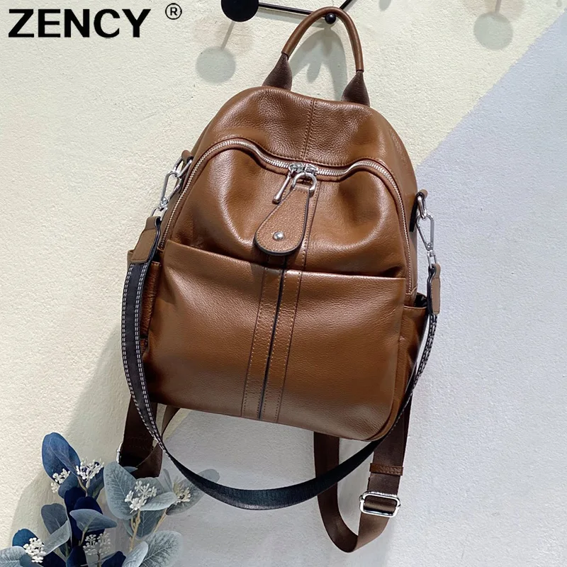 ZENCY Lightweight Genuine Cow Leather Calfskin Women Backpacks Top Layer Cowhide Book Dual Function Backpack One Shoulder Bags