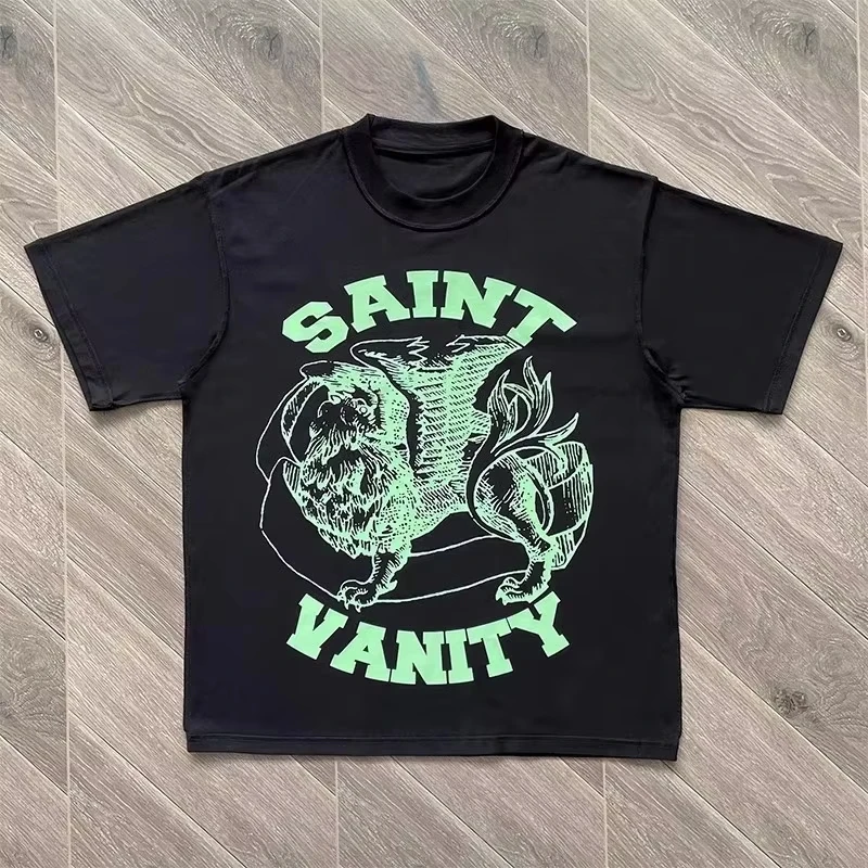 2026 Men Cotton T Shirt Crew Neck Vintage Winged Beast Saint Vanity Graphic Print Short Sleeve Tee Loose Retro Streetwear Tops