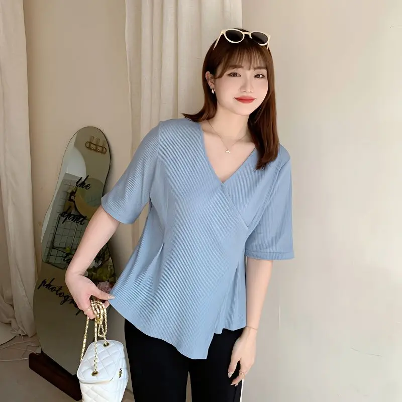 

plus Size Women's V-Ne Knitwear Casual Slimming Faionable Uneven Hemline Cover Belly Button Trendy Lace irt Summer 2023