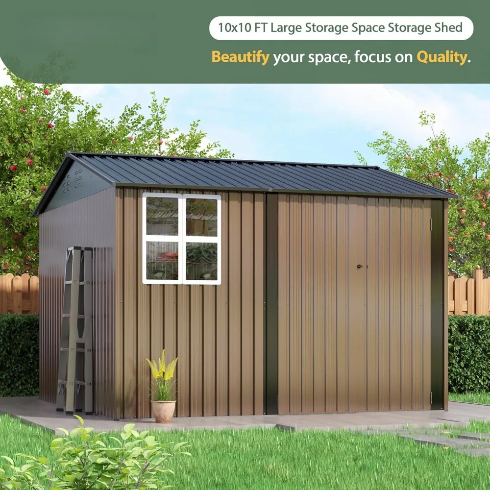 10x10 feet outdoor storage shed, large metal tool shed with updated frame structure and lockable door