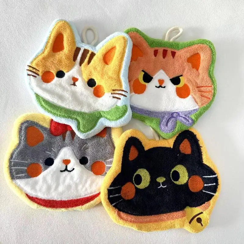 Cartoon Coral Velvet Hand Towel, Kawaii Cat Pattern, Super Absorbent Hanging Towel, Soft Cleaning Cloth for Kitchen, Bathroom an