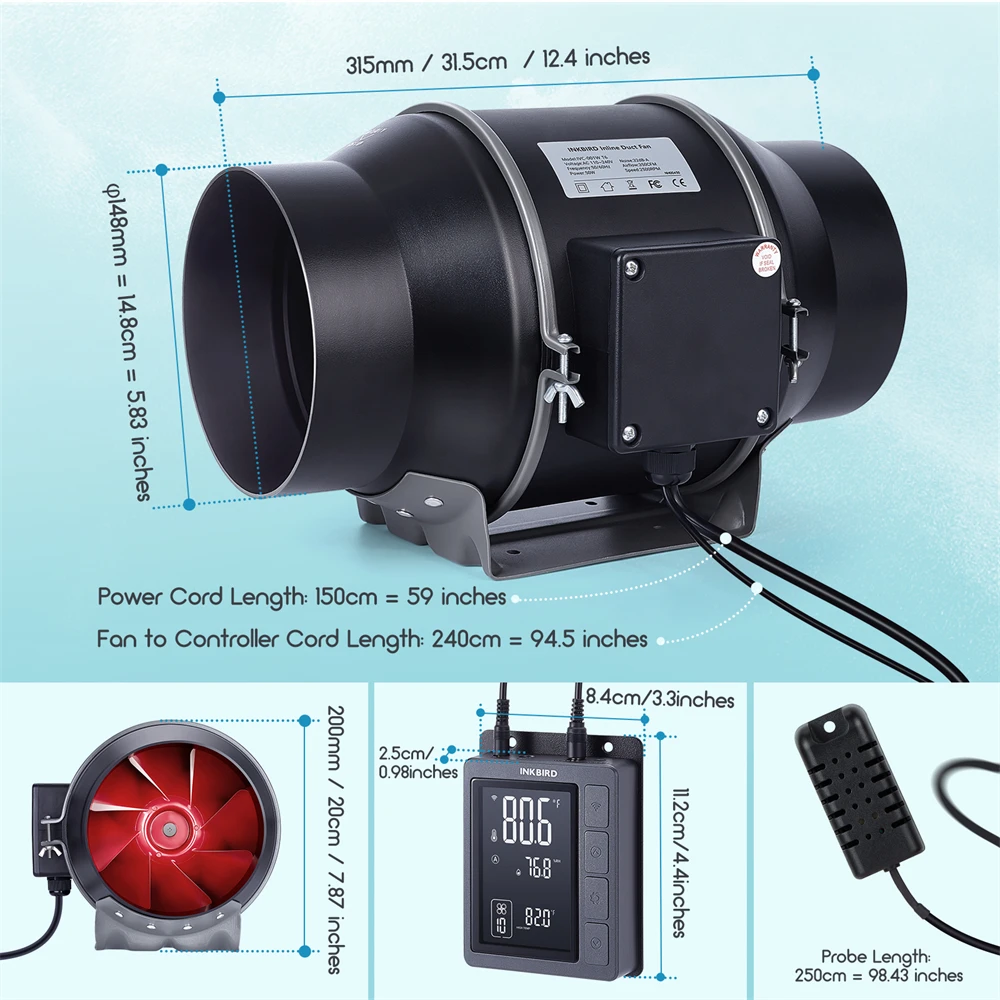 Imagem -06 - Inkbird-inline Duct Fan com Controlador Inteligente Controle de Temperatura e Umidade Velocidade Variável do Ventilador Ventilador de Ventilação Hvac para Tendas de Crescimento