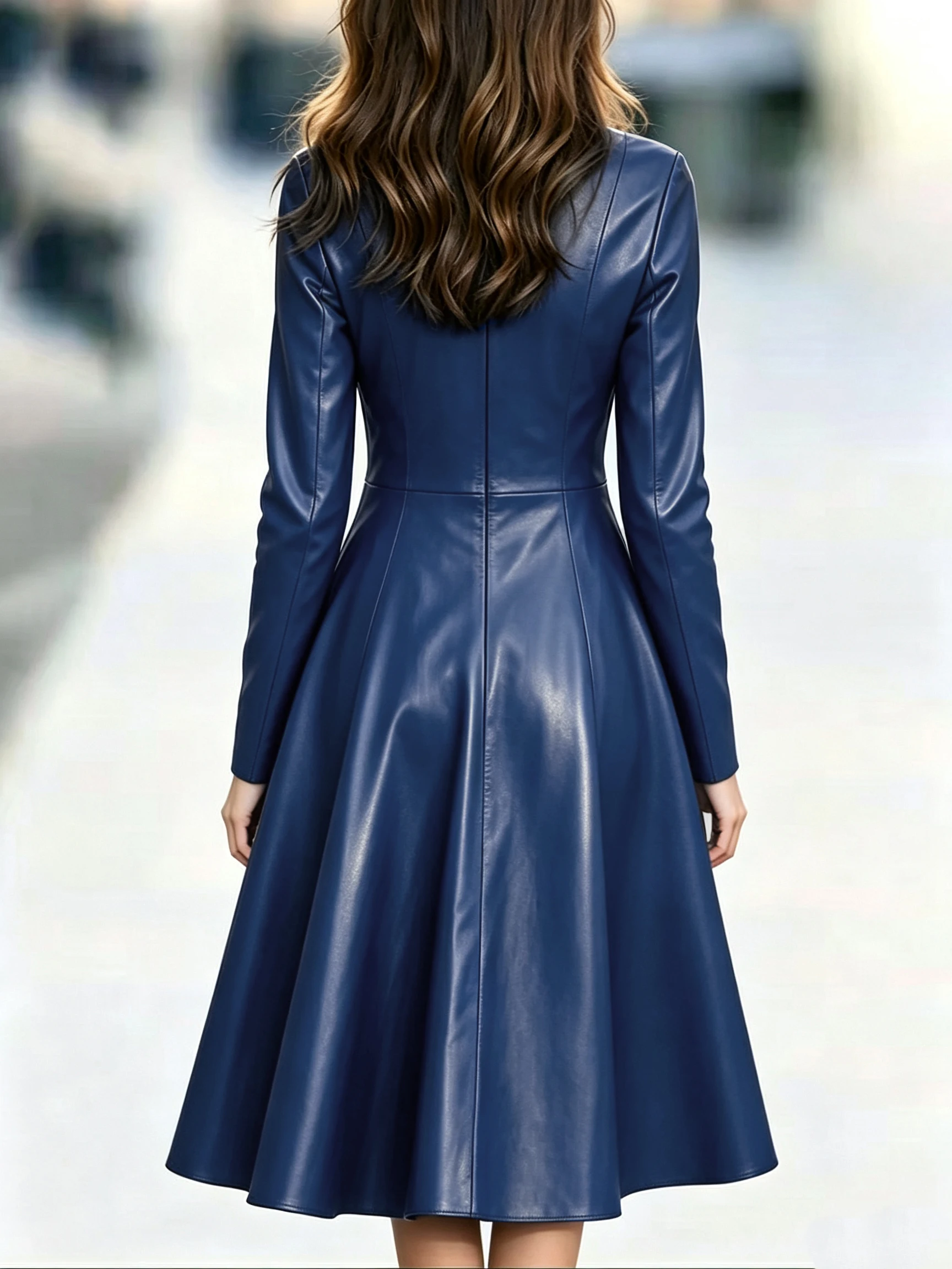 Neue schmale Langarm-Kleider für Damen, Stehkragen, Damenkleid aus PU-Leder, A-Linien-Kleid, Damen-Sommerkleider Q7231 – Detail 8