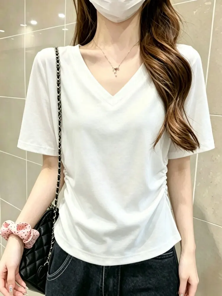 Summer New Women's Loose Fit Short Sleeve T-Shirt V-Neck 95 Cotton plus Size Slimming Pure Color Shoulder Appropriate Top
