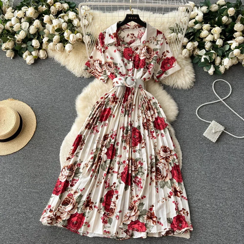 2024 Summer Women Floral Pleated Dress Vintage Turn-Down Collar Short Sleeve Single Breasted Printed Draped Midi Vestidos New