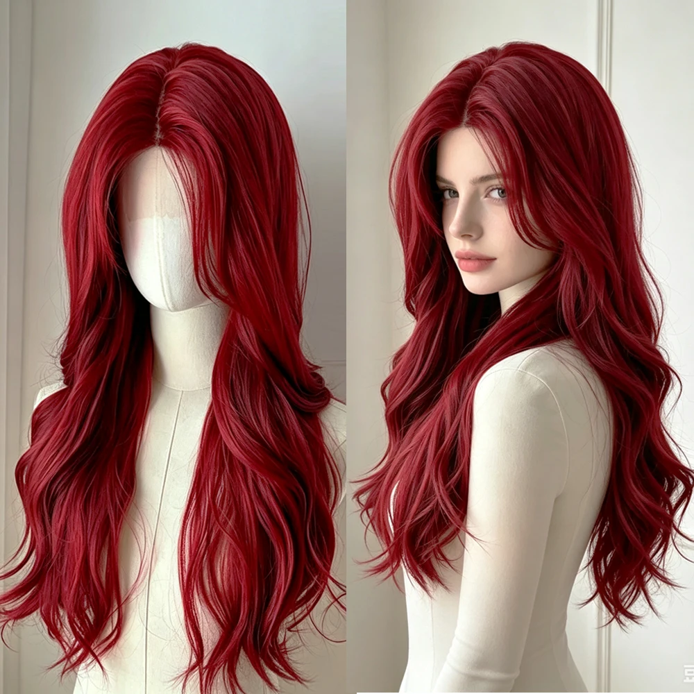 Deep Wine Red Synthetic Wigs Bangs for Women Long Wavy Lace Front Wig Wig Natural Looking Heat Resistant Fiber for Daily Party